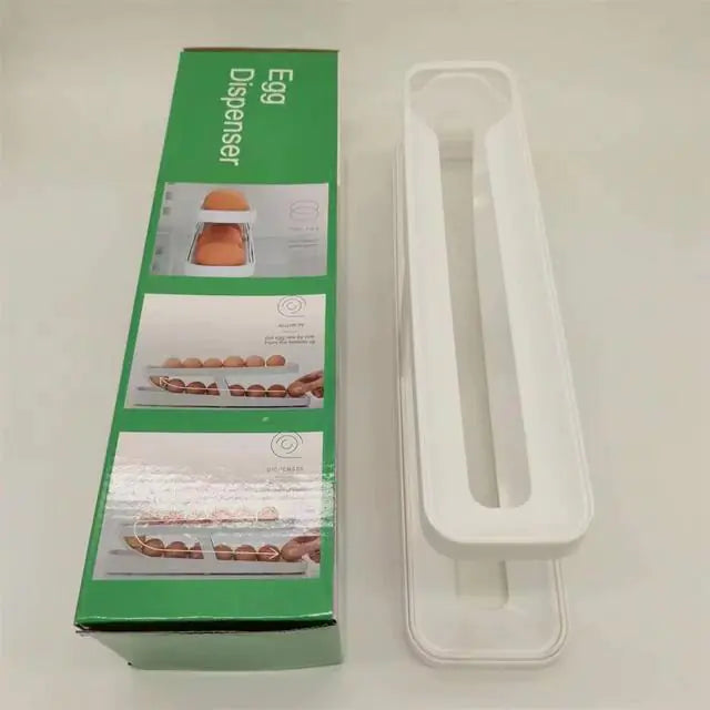 Photo of white egg dispenser alongside box packaging