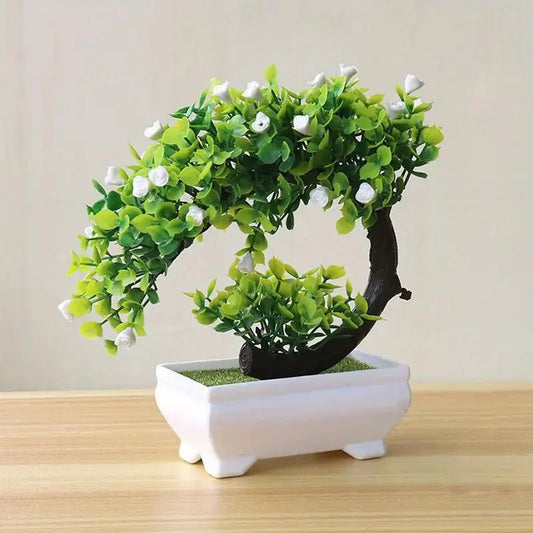 Artificial bonsi Plant with white flowers in white pot