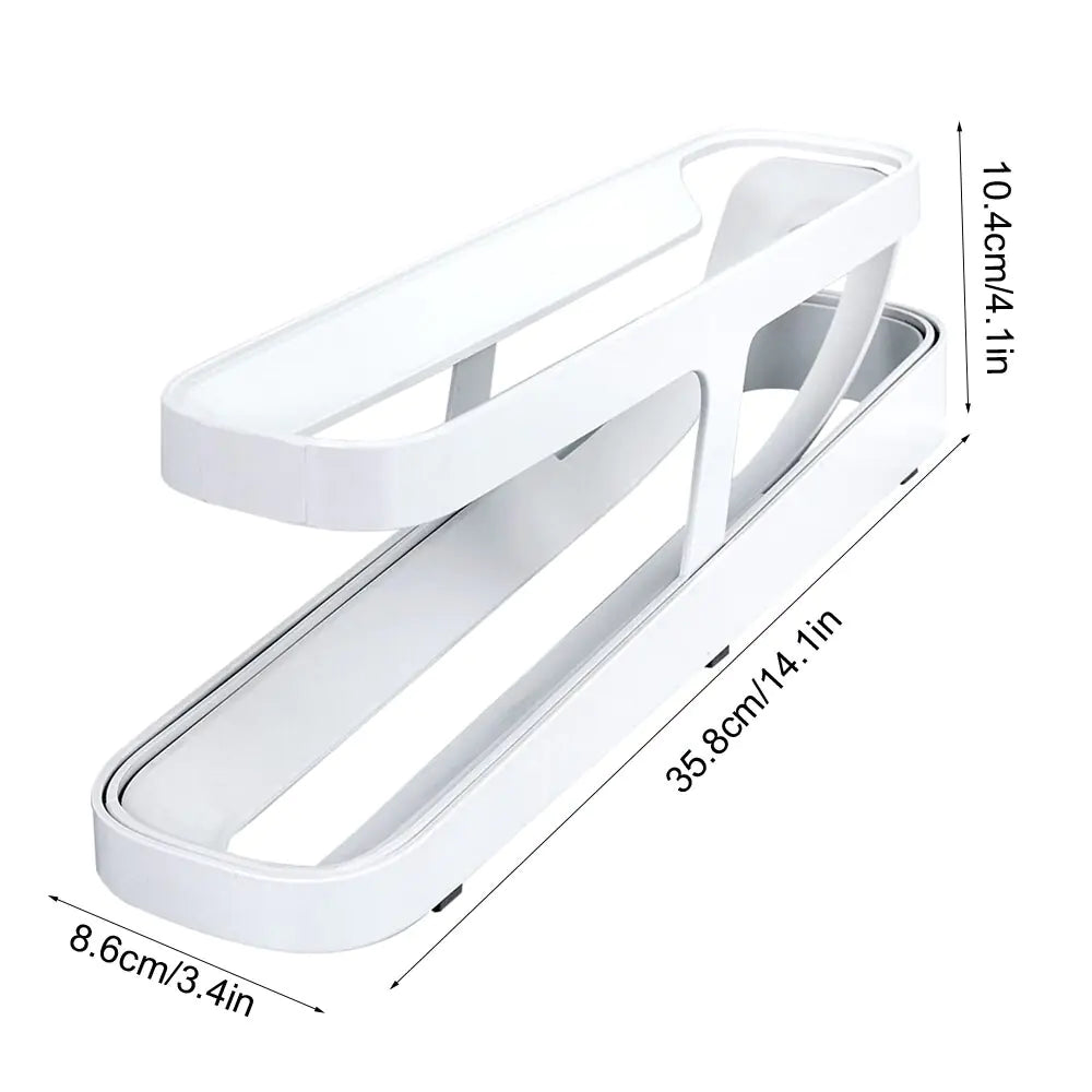 photo of white egg dispenser - size 10.4cm tall. 8.6cm wide. 35.8cm long