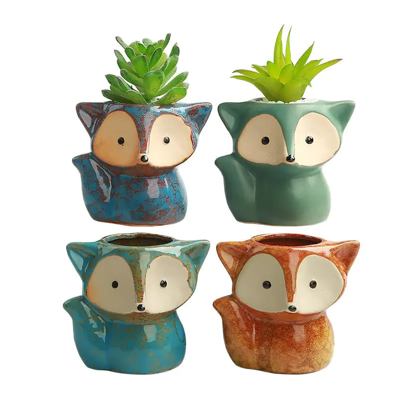 4 glazed ceramic fox planters