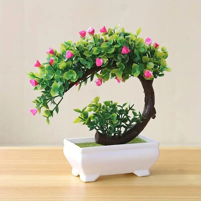 Artificial bonsi Plant with pink flowers in white pot